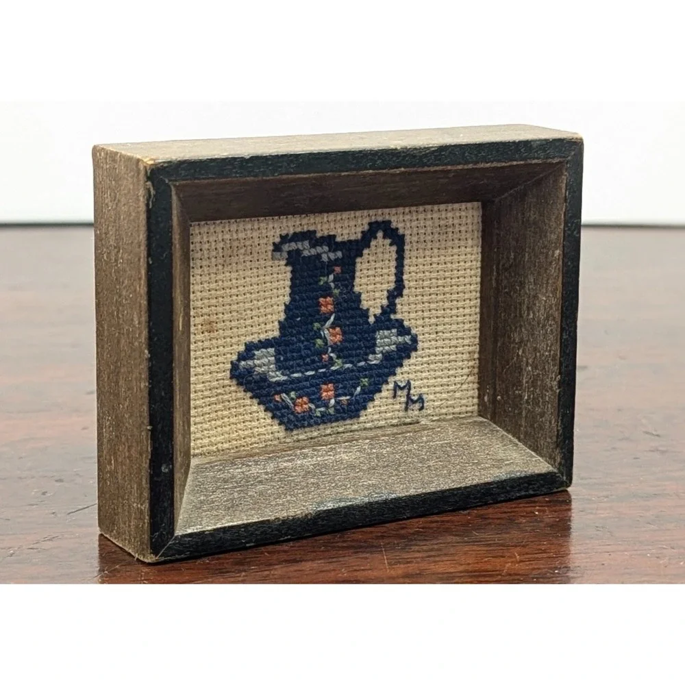 Vintage Mini Framed Cross Stitch Blue Floral Pitcher Folk Art Dollhouse Decor